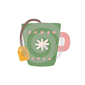 Mug with tea bag decorated with snowflake, vector flat illustration on white background