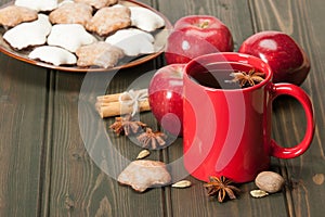 Mug Of Tea Or Coffee. Apples, Spices. Gingerbread