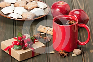 Mug Of Tea Or Coffee. Apples, Spices. Gingerbread