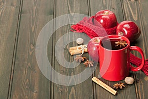 Mug Of Tea Or Coffee. Apples, Spices. Natural Wool