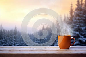 Mug of warm coffee by the snowy window, a serene seasonal concept