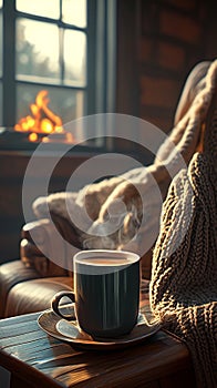 Mug Winter warmth with hot tea and woolen blanket on chair