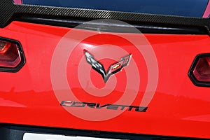 Mugello Circuit, Italy - 23 September 2021: detail of the logo on a Chevrolet Corvette in the Mugello Circuit Paddock, Italy