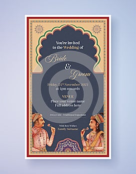 Mughal Art Wedding Invitation Card Design. Indian Mughal Invitation card design for printing.