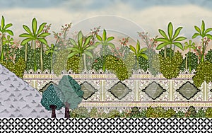 Mughal Garden Wall with leaves Oil-Paint Illustration Artwork