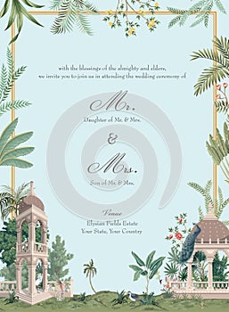 Mughal garden wedding invitation card design. Tropical trees, flowers, peacock, bird elements for invitation card design.