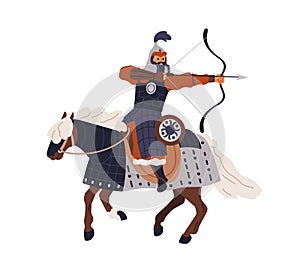 Mughal warrior, mounted archer riding horseback. Oriental Asian Mogul soldier with bow and arrow. Historical Medieval