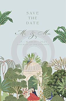 Mughal Wedding Card Design. Invitation card with tropical trees, birds, peacock, arch elements for printing.