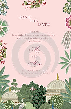 Mughal Wedding Card Design for invitation. Invitation card with pinkish background for printing vector illustration.