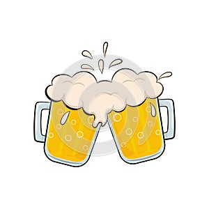 Mugs of beer in cartoon style isolated on white background