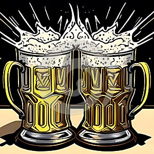 Mugs of beer with froth and splashes