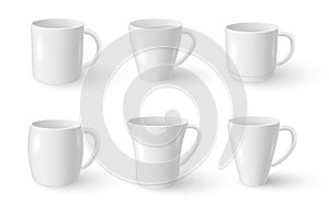 Mugs different shaped for coffee, tea realistic mockups set. Cups porcelain.