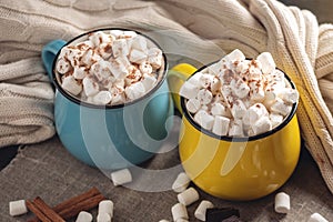 Mugs of hot chocolate with marshmallow on top on the background of chocolate and cinnamon. Cozy winter composition