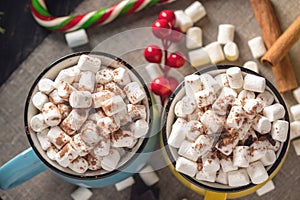 Mugs of hot chocolate with marshmallow on top on the background of chocolate and cinnamon. Cozy winter composition