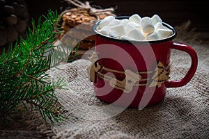 Mugs of hot coffee with marshmallows. Happy Christmas and new year