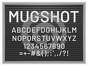 Mugshot letter board. Black frame with white plastic changeable letters and numbers for messages, vector mockup for photo