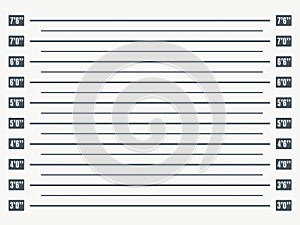 Mugshot lineup. Prison photo booking backdrop template with height measurements scale lineup, law enforcement and jail