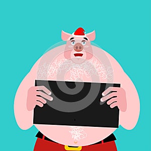 Mugshot Pig Santa in police. Bad Claus criminal. Naughty Santa.