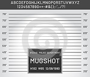 Mugshot template. Police lineup mugshot board with plastic alphabet and signs for criminals photo vector illustration