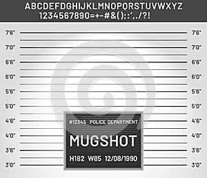 Mugshot template. Police lineup mugshot board with plastic alphabet and signs for criminals photo vector illustration photo