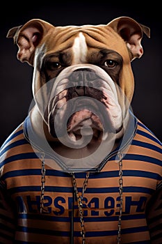 Mugshot of wanted dog in prison, bulldog in jail clothes, Generative AI