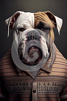 Mugshot of wanted dog in prison, bulldog in jail clothes, Generative AI