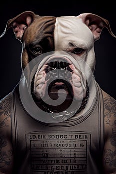 Mugshot of wanted dog in prison, bulldog in jail clothes, Generative AI