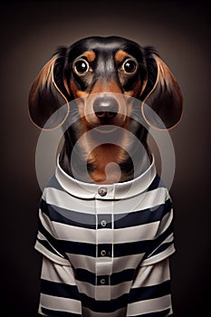 Mugshot of wanted dog in prison, dachshund in jail clothes, Generative AI