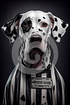 Mugshot of wanted dog in prison, dalmatian in jail clothes, Generative AI