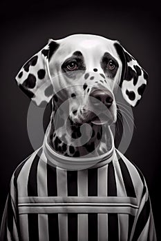 Mugshot of wanted dog in prison, dalmatian in jail clothes, Generative AI