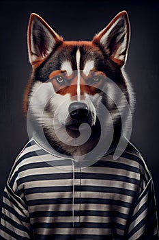 Mugshot of wanted dog in prison, syberian husky in jail clothes, Generative AI