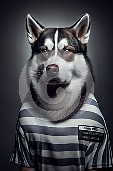 Mugshot of wanted dog in prison, syberian husky in jail clothes, Generative AI