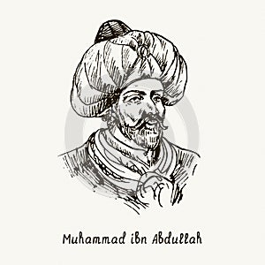 Muhammad ibn Abdullah. Ink black and white doodle drawing in woodcut style
