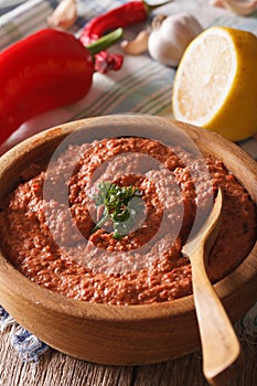 Muhammara - appetizer of peppers and nuts close-up. vertical