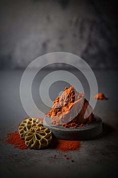 Muhammara, Eastern snack on a dark concrete background with copy space. Generative AI