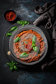 Muhammara, Eastern snack on a dark concrete background. Generative AI