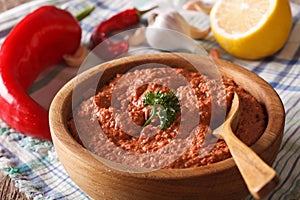 Muhammara traditional Arabian appetizer close-up. Horizontal