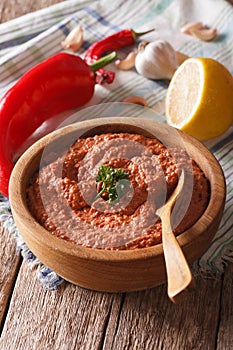 Muhammara traditional Arabian appetizer close-up. vertical