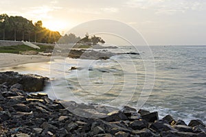 Mui Ne beach, Vietnam, a beautiful beach with long coastline, silver sand and huge waves, in an early morning