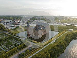 Muiderslot medieval stronghold castle restored heritage culture monument for touristic museum purpose. Aerial overhead