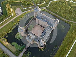 Muiderslot medieval stronghold castle restored heritage culture monument for touristic museum purpose. Aerial overhead