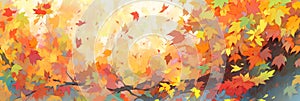 A muilticolored branch of maple tree with falling autumn leaves, banner background with copy space. Digital illustration,