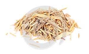 Muira Puama herbal tea, isolated on white background. Natural potency wood, medicinal plant, dry tea. Ptychopetalum
