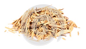 Muira Puama herbal tea, isolated on white background. Natural potency wood, medicinal plant, dry tea. Ptychopetalum