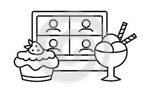 Mukbang linear icon. Sweet online meeting of friends with desserts. Cake party with cupcake and ice cream scoops, sticks.