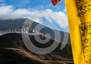 Muktinath - Prayer flags with the view on the Buddhist templein Himalayas