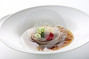 Mul naengmyeon: Cold buckwheat noodles in a clear broth, generative AI