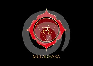 Muladhara chakra logo template. First root chakra symbol. Red and Gold sacral sign meditation, yoga mandala icon vector isolated photo