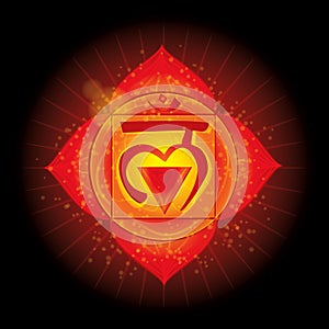 Muladhara. Glowing chakra icon . The concept of chakras used in Hinduism, Buddhism and Ayurveda. For design,