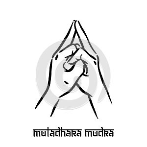 Muladhara mudra. Hand spirituality hindu yoga of fingers gesture. Technique of meditation for mental health
